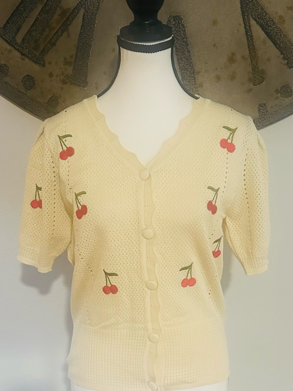 Simply Southern Cream Knit Cardigan with Red Cherry Accent